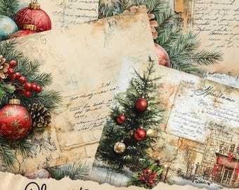 Könnte beinhalten: Zwanzig digitale druckbare Seiten mit Weihnachtsmotiven im Vintage-Stil. Die Seiten enthalten Bilder von Ornamenten, Kiefernästen, einem Weihnachtsbaum und einer verschneiten Stadtstraße. Die Seiten sind perfekt, um Ihren Weihnachtsprojekten einen Hauch von Vintage-Charme zu verleihen.