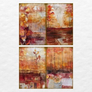 May include: A collage of four watercolor paintings depicting autumnal scenes. Each painting features a different arrangement of trees and foliage in shades of orange, brown, and yellow.