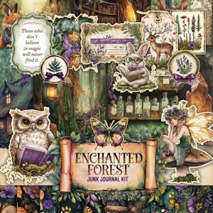 Enchanted Forest Junk Journal Seiten, Collage Sheet, Digitales Scrapbook Papier, Dark Woodland Kit, Vintage Ephemera, Fantasy Download