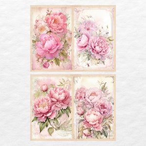 Peut inclure: Quatre cartes de style vintage repr&eacute;sentant des pivoines roses avec des feuilles et des tiges vertes sur un fond rose clair. Chaque carte a une bordure d&eacute;corative.