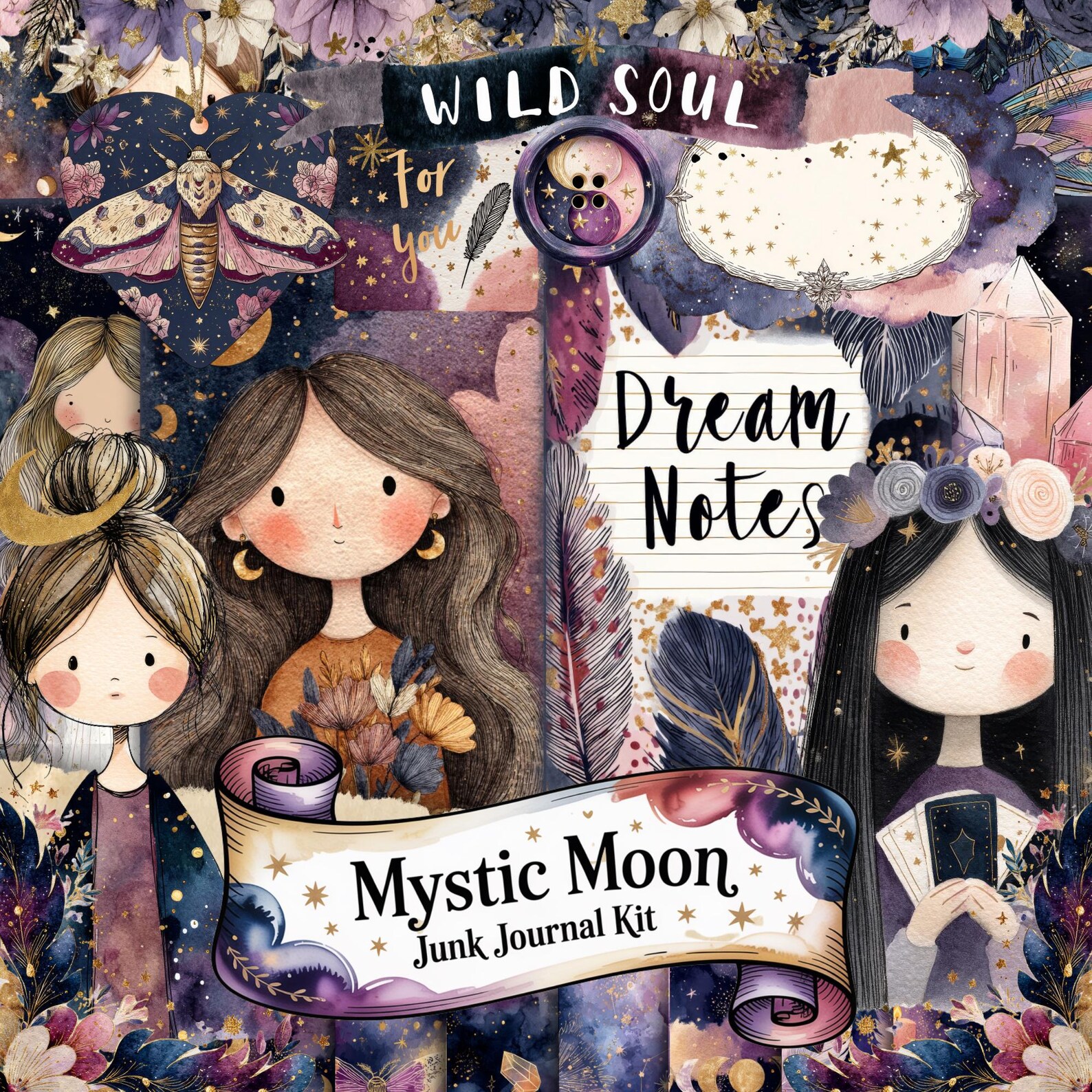 Celestial Boho Junk Journal Kit | Printable Moon & Stars Digital Papers ...