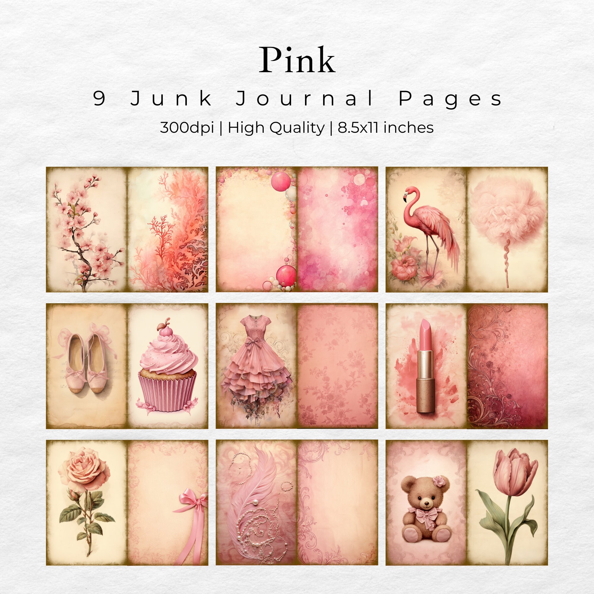 Pink Junk Journal Kit Mixed Media, Digital Papers, Pink Printable ...