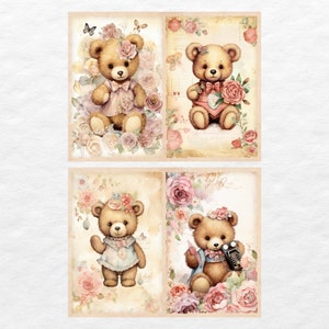 May include: Four digital printable images featuring teddy bears with floral accents. Each image features a different teddy bear wearing a different outfit and holding a different accessory. The images are set against a vintage background with floral patterns and text.