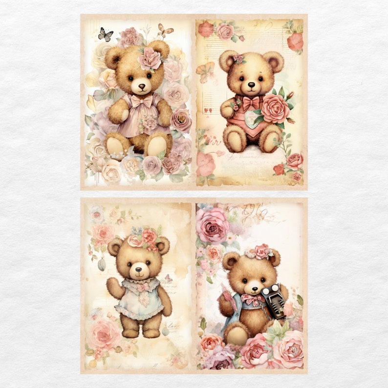 May include: Four digital printable images featuring teddy bears with floral accents. Each image features a different teddy bear wearing a different outfit and holding a different accessory. The images are set against a vintage background with floral patterns and text.