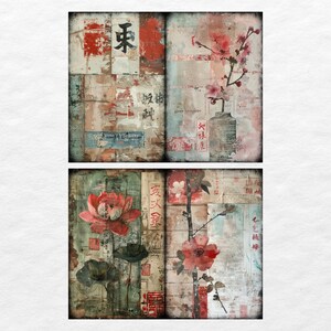 May include: A collage of four square images with a vintage aesthetic. The top left image features a red and white background with the Chinese character for "East" in black. The top right image features a pink flower with a vase and a red and white background. The bottom left image features a pink flower with a green background. The bottom right image features a pink flower with a brown and white background.