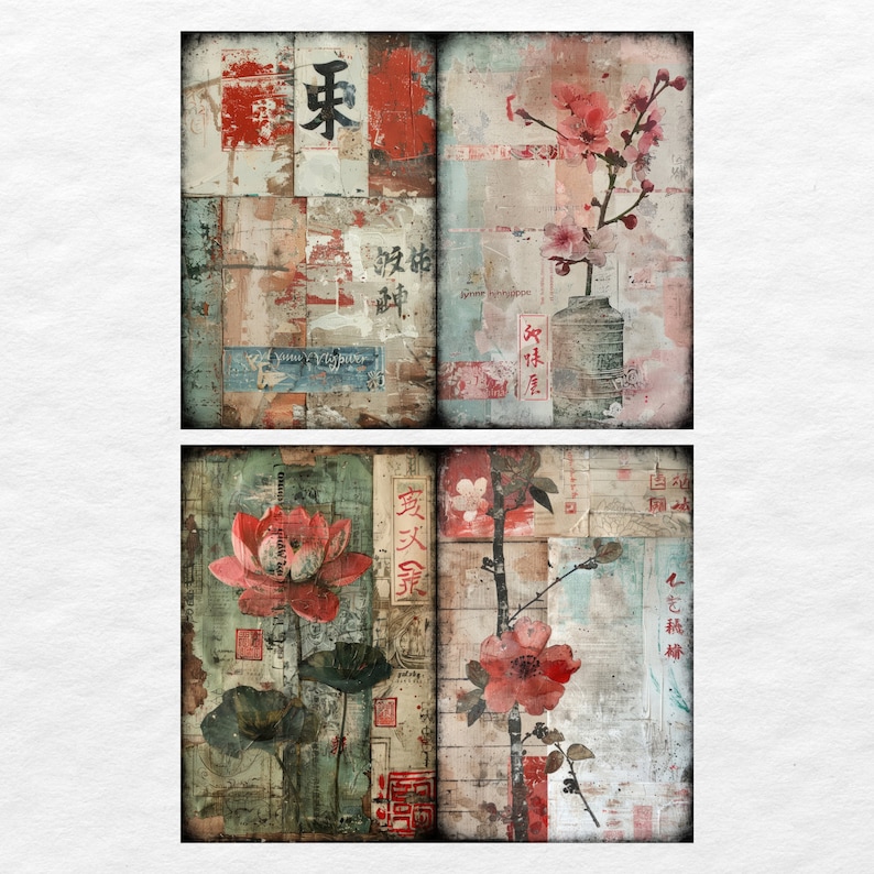 May include: A collage of four square images with a vintage aesthetic. The top left image features a red and white background with the Chinese character for "East" in black. The top right image features a pink flower with a vase and a red and white background. The bottom left image features a pink flower with a green background. The bottom right image features a pink flower with a brown and white background.