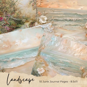 May include: Ten 8.5x11 inch junk journal pages featuring a collage of seascapes with textured paint and delicate floral embellishments. The pages are perfect for adding to your art journal or scrapbook.