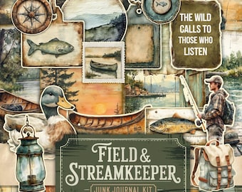 Fishing Hunting Junk Journal Kit, Fishermen Ephemera, Vintage Fisherman, Father and Son, Printable Collage, Digital Download