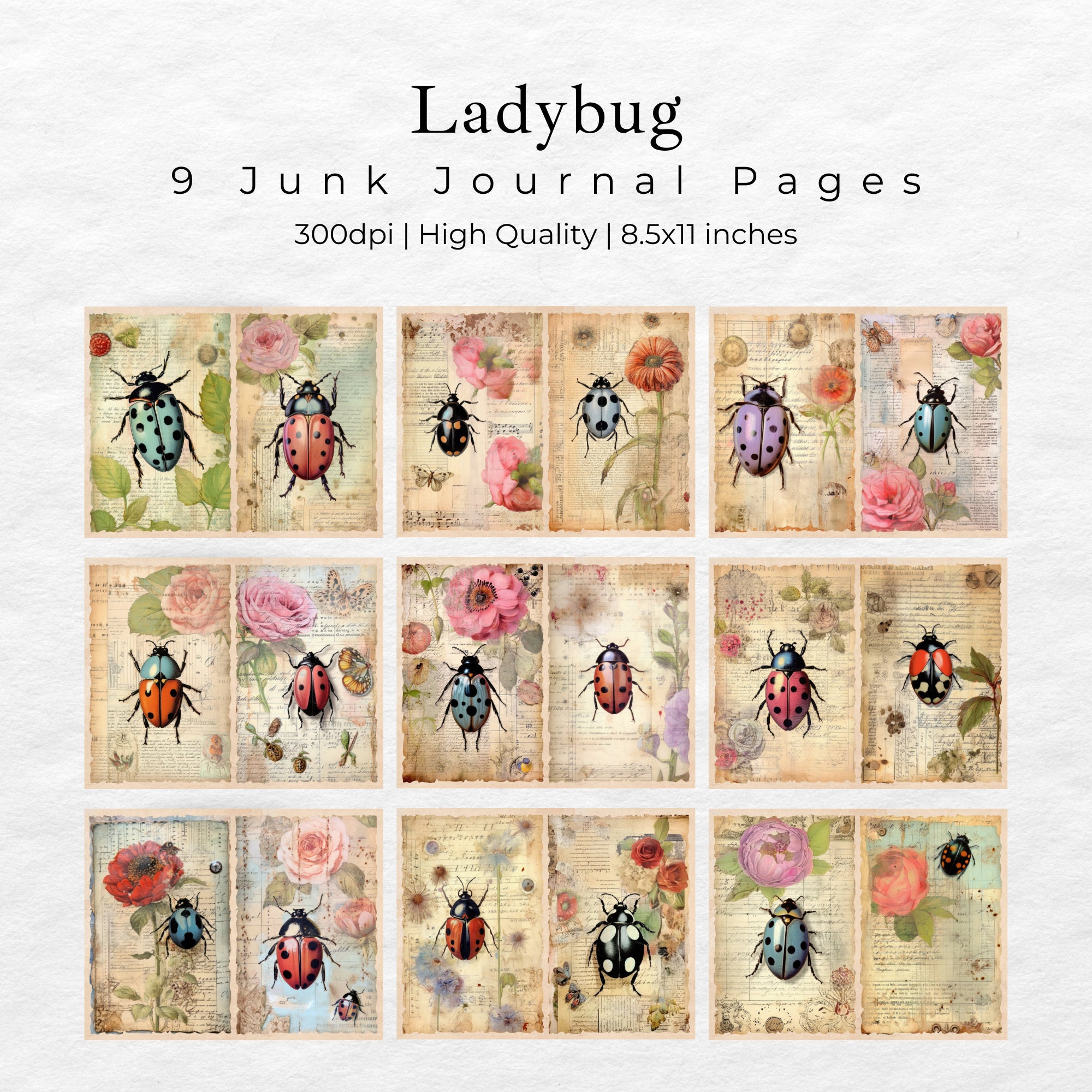 Rustic Ladybugs Junk Journal Kit Vintage Ephemera Journal Digital Paper ...