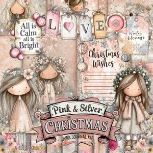 Puede incluir: Un collage digital con un tema navideño rosa y plateado. La imagen incluye ilustraciones de muñecas, etiquetas con las palabras "LOVE" y "Christmas Wishes", y el texto "All is Calm, all is Bright". Las palabras "Pink & Silver Christmas" también son visibles.