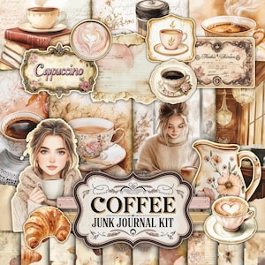 Kit stampabile per diario spazzatura Cafe Au Lait Chicchi di caffè Negozio Download digitale Effimere neutre Acquerello vintage Album di ritagli Carta macchiata Torta