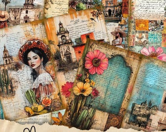 May include: Ten digital junk journal pages with a Mexican theme. The pages feature images of buildings, flowers, and a woman in traditional clothing. The pages are decorated with handwritten text and vintage-inspired designs.