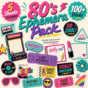 May include: A collection of colorful 80s-themed ephemera, including stickers, tickets, and labels. The design features vibrant pink, teal, and purple text that reads "80's Ephemera Pack." Various elements like a lipstick, arcade game, and sunglasses are included.