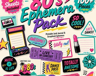 May include: A selection of 80s-themed ephemera with stickers, tickets, and labels. The design features vibrant pink, teal, and purple text that reads "80's Ephemera Pack." Various elements like a lipstick, arcade game, and sunglasses are included.