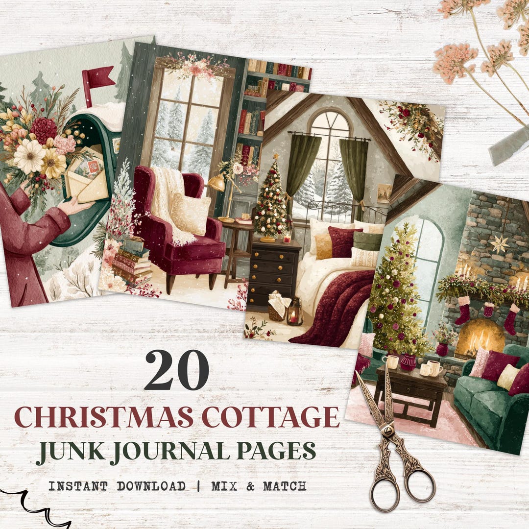 Cozy Christmas Cottage Junk Journal Kit - 20 Gouache Style Winter Scene ...