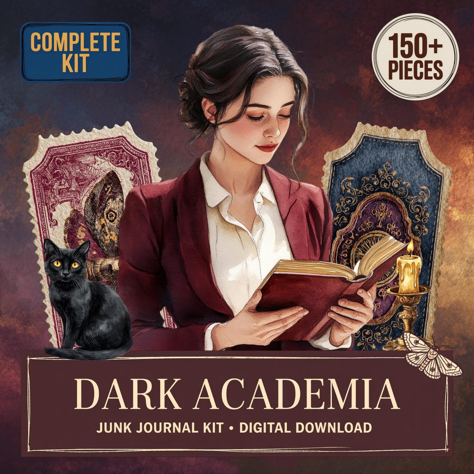 Dark Academia Junk Journal Kit, Gothic Library Digital Paper, Moth ...