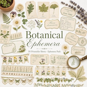 Utskrivbart skräpjournalkit med botaniska efemera | Pressade blommor, herbariumetiketter och fröpaket | 30 ark utskrivbara vintage botaniska