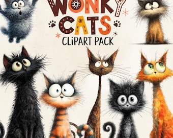 Cats grillige wonky bundel 40 clipart kieskeurige sneden, DIY-kaarten maken, junk Journal Supplies, scrapbooking Kit, commercieel gebruik!