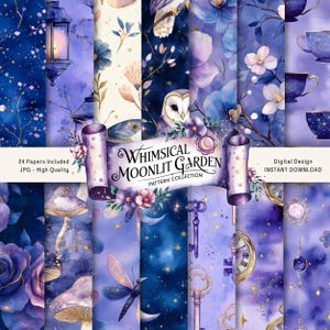 Kit imprimable Journal indésirable du jardin au clair de lune, éphémères sorcières numériques, papier de scrapbooking lunaire, pages de fond gothique, fleur céleste, Bujo fantastique