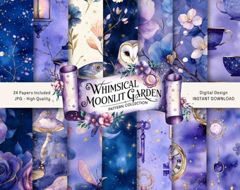 Kit para impressão de diário de lixo de jardim iluminado pela lua, itens digitais de bruxa, scrapbook lunar, papel de fundo gótico, páginas, flor celestial, fantasia, bujo