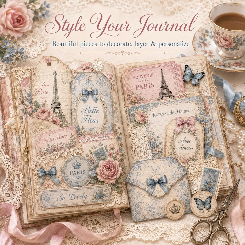 May include: An open journal featuring vintage-style paper ephemera, including tags with Eiffel Tower illustrations, floral patterns, and text reading Style Your Journal, Souvenir de Paris, Belle Fleur, and Avec Amour, accented with lace and blue bows.