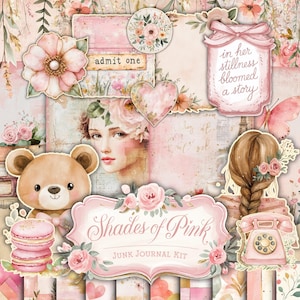 Kit diario vintage shabby chic con sfumature di rosa - Diario antico - Stampabile - Effimere floreali - JPG - Carta per album digitale