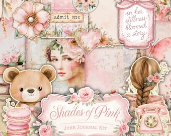 Vintage Shabby Chic Shades of Pink Junk Journal Kit - Antikes Journal - Druckbar - Florale Ephemera - JPG - Digitales Scrapbook Papier