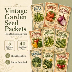 Printable vintage garden seed packet ephemera with peas, tomatoes, red onion, sweet peppers, lima beans, cucumber, broccoli, zucchini, and radish labels in aged paper style.