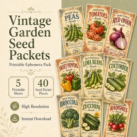 Vintage Garden Seed Packets, Printable Ephemera Pack, Vegetable Seed Labels, Junk Journal Pieces, Digital Download
