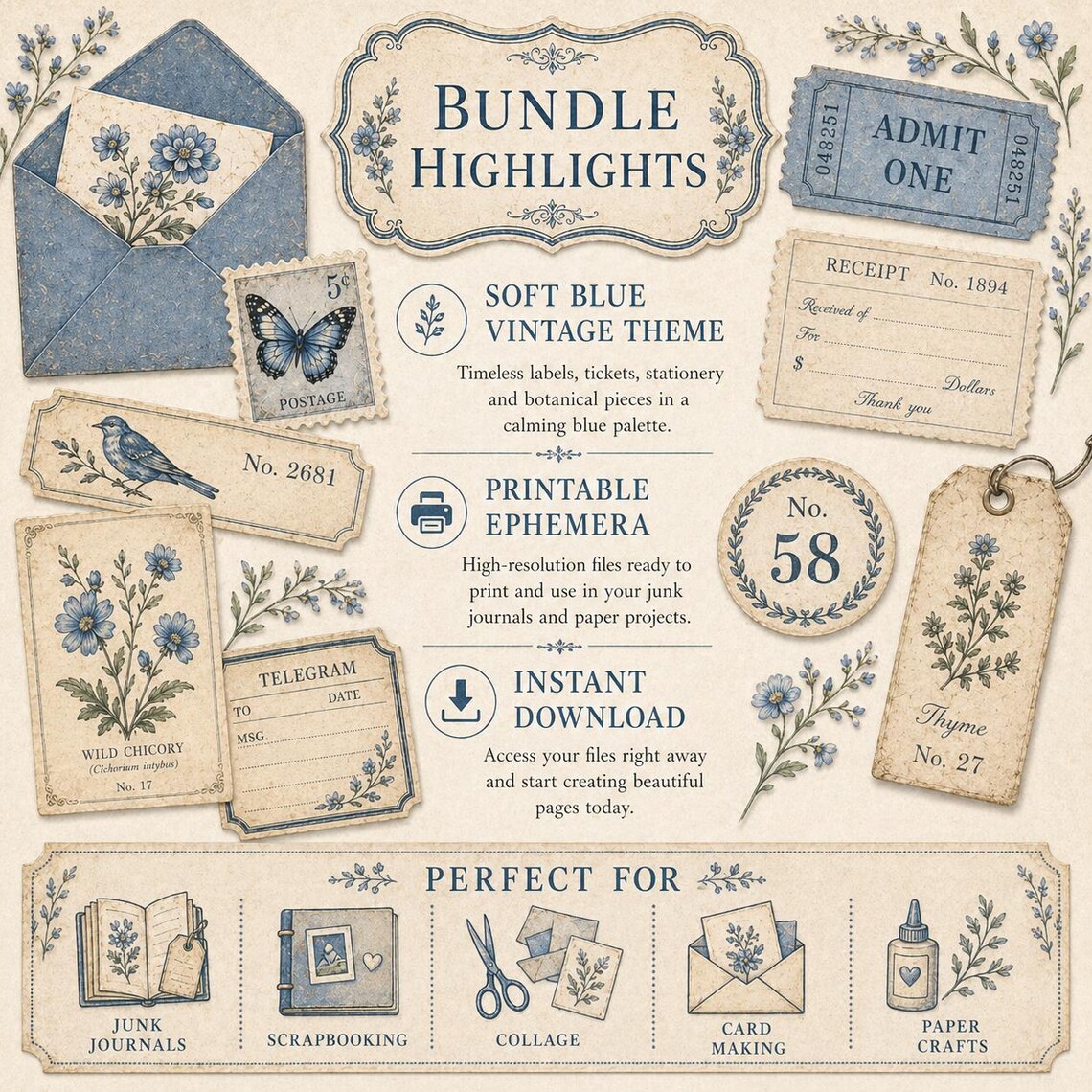 Blue Vintage Ephemera Bundle, Printable Junk Journal Kit, Blue Floral ...