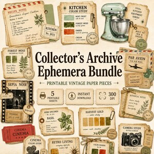 Könnte beinhalten: Eine Sammlung von Ephemera im Vintage-Stil, darunter Rezeptkarten, botanische Studien und Farbpaletten. Das Design zeigt einen mintgrünen Küchenmixer, Filmstreifen und eine Kamerastudie. Der Text lautet "Collector's Archive Ephemera Bundle."