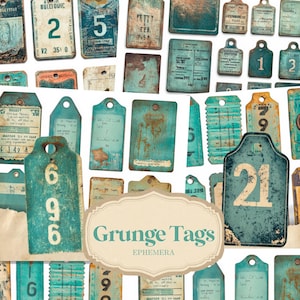 Industriële blauwgroen grunge-nummerlabels afdrukbare steampunk-benodigdheden | tags vintage efemere junkdagboek | afbeeldingen digitaal collageblad