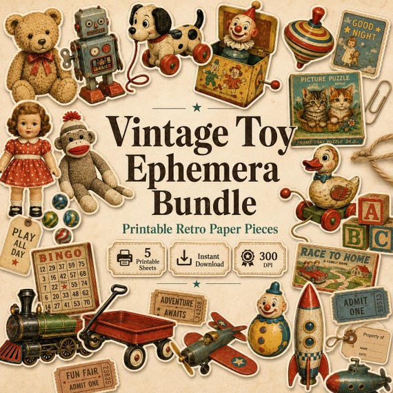 Vintage Toy Ephemera Bundle, Printable Retro Toy Paper Pieces, Junk Journal Kit, Teddy Bear Doll Robot Tags
