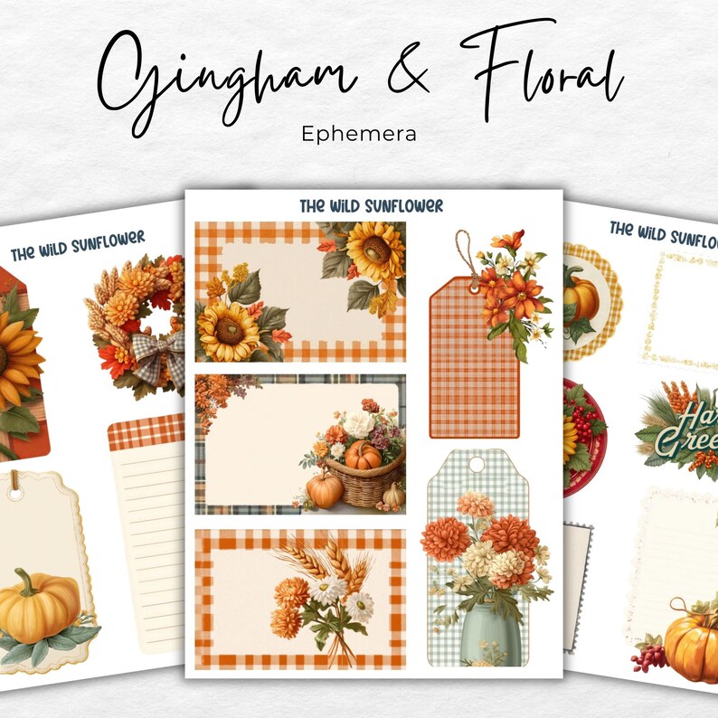 Digital Junk Journal Kit Fall Gingham Floral, Autumn Printable Ephemera ...