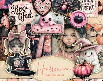 Könnte beinhalten: Ein digitales Junk Journal Kit mit Halloween-Thema. Das Kit enthält Bilder von Geistern, Hexen, Kürbissen und anderen gruseligen Elementen in Pink, Schwarz und Weiß. Der Text "Boo-tiful" und "Halloween Junk Journal Kit" ist im Design enthalten.