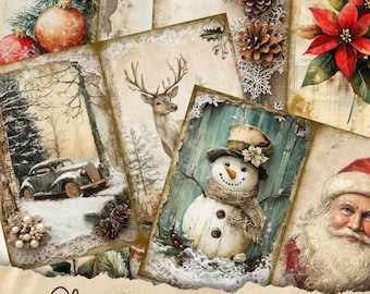 May include: A set of 20 vintage-style Christmas themed junk journal pages. The pages feature images of a snowman, a deer, a car, a poinsettia, and pine cones. The pages are printed on textured paper with a distressed look.
