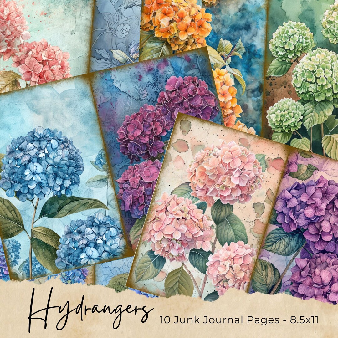 Hydrangea Watercolor Junk Journal Kit, Vintage Ephemera, Floral Papers ...