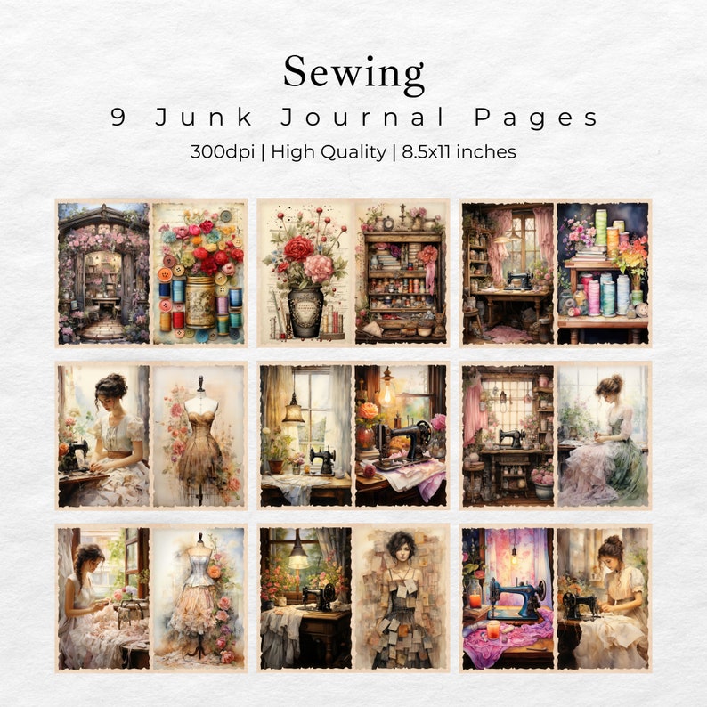 Vintage Sewing Junk Journal Pages, Digital Scrapbook Paper Kit ...