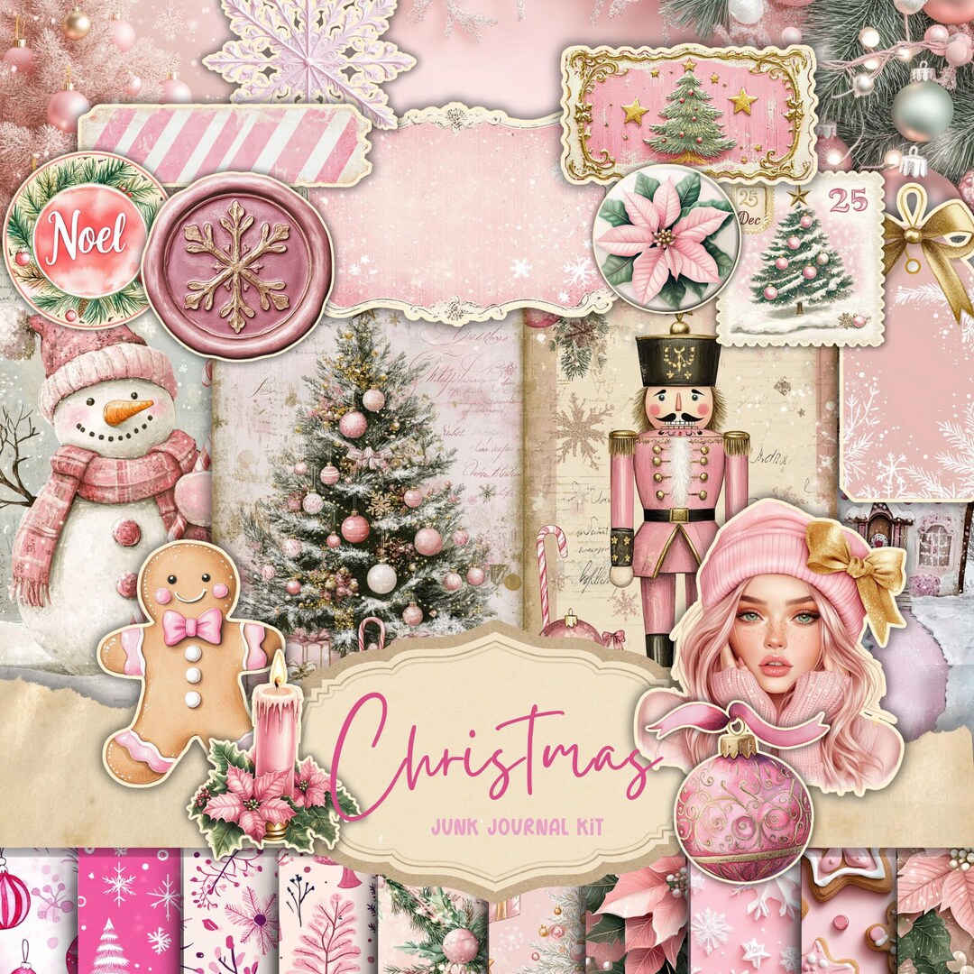 Pink Christmas Junk Journal Kit, Vintage Merry Christmas Junk Journal ...