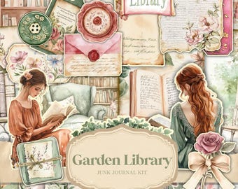 Secret Library Junk Journal Kit, afdrukbare JPG-pagina's met ephemera, tags, bladwijzer, Dark Academia, oud boek digitaal papier, digitale download
