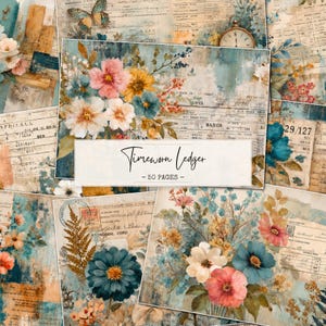 May include: A collage of vintage-style papers with floral and botanical illustrations. The papers feature a mix of colors, including teal, pink, yellow, and cream. The text "Timeworn Ledger - 50 Pages" is displayed on a white banner.