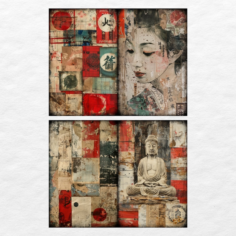 May include: A collage of vintage paper and fabric featuring a woman with red lipstick and a meditating Buddha. The collage has a red, white, and blue color scheme.