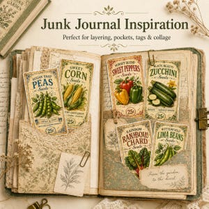Puede incluir: Un diario abierto con ilustraciones de paquetes de semillas de verduras, incluyendo guisantes, ma&iacute;z, pimientos y calabacines. El diario tiene un dise&ntilde;o vintage con detalles de encaje y flores, y el texto "Junk Journal Inspiration".
