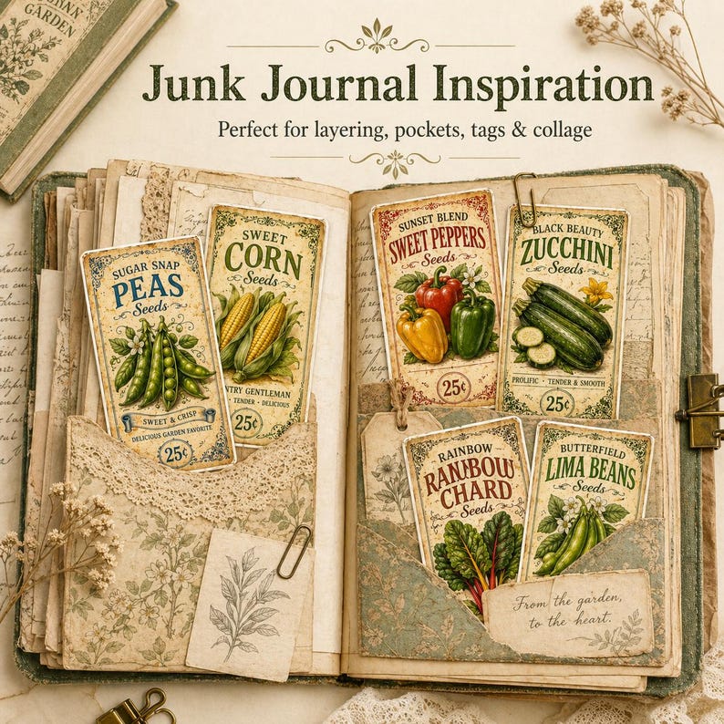 Puede incluir: Un diario abierto con ilustraciones de paquetes de semillas de verduras, incluyendo guisantes, ma&iacute;z, pimientos y calabacines. El diario tiene un dise&ntilde;o vintage con detalles de encaje y flores, y el texto "Junk Journal Inspiration".