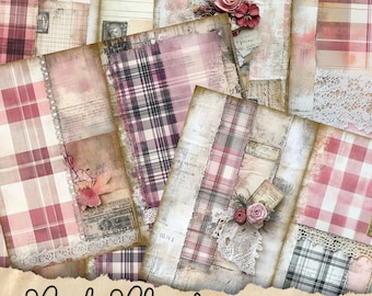 Rosa rutiga skräpjournalsidor, digitala papper, utskrivbara journalsidor, scrapbookkort, papperspyssel, shabby chic-textilier, bakgrund