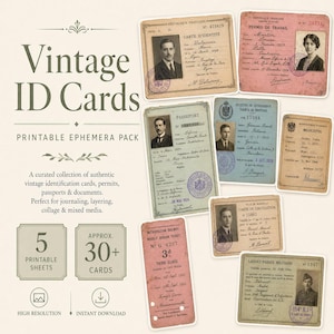 May include: A collection of vintage ID cards, passports, and permits. The ephemera pack includes various cards with portraits, text, and stamps. The cards are in shades of beige, pink, and blue, with text in French and Spanish.