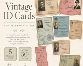 May include: A collection of vintage ID cards, passports, and permits. The ephemera pack includes various cards with portraits, text, and stamps. The cards are in shades of beige, pink, and blue, with text in French and Spanish.