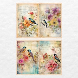 Vintage Bird Junk Journal Pages, Digital Floral Scrapbook Paper Kit ...