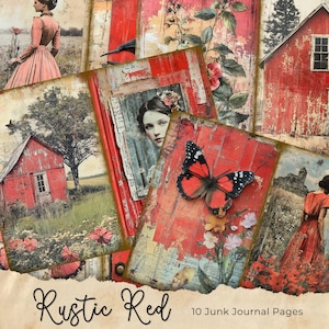 Red Rustic Vintage Farmhouse, Scrapbook,junk journal, digital paper, antique, ephemera, collage images, printable images, rustic countryside