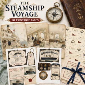 Puede incluir: Una colección de páginas imprimibles tituladas The Steamship Voyage, con ilustraciones de estilo vintage de barcos de vapor, interiores de barcos, billetes de primera clase, tarjetas de embarque, telegramas y equipaje, junto a una brújula de latón.